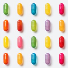 Colorful Background of Assorted Gel Capsules Displayed in a Grid Pattern Against a Light Surface