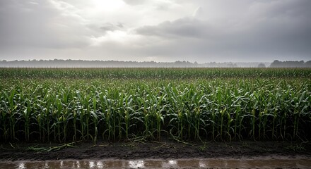 Lush Green Cornfield Under Overcast Sky After Rain.