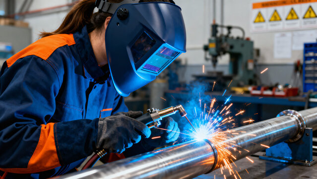 Skilled Welder in Protective Gear Creating Sparks While Welding Metal Pipe