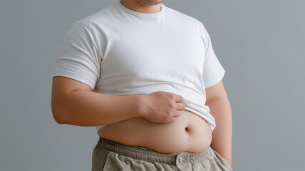 Cropped portrait of a fat overweight plus size woman wearing casual clothes touching her big plump belly standing in living room at home. Slimming, diet and obesity concept. 4k video.