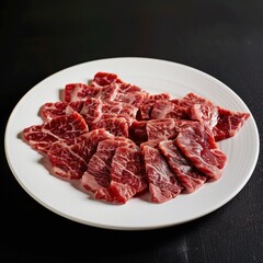Angus Fatty Beef Slices Raw Meat White Plate Black Background Commercial Photography