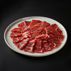 Angus Fatty Beef Slices Raw Meat White Plate Black Background Commercial Photography