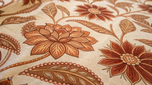 Tribal pattern fusion. Intricate floral pattern on fabric with Indian blockprint style, featuring warm earthy tones