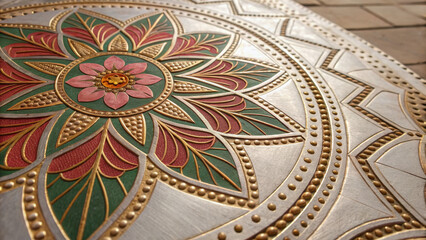 Tribal pattern fusion. Intricate mandala design with floral and tribal elements on metallic surface