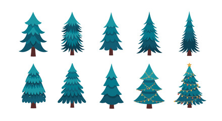 Obraz premium A collection of diverse stylized teal Christmas trees, some decorated with lights and garlands, perfect for holiday season designs and illustrations.