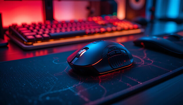 Close up of a gaming mouse and keyboard illuminated with red and blue lights on a mousepad surface, 8k image