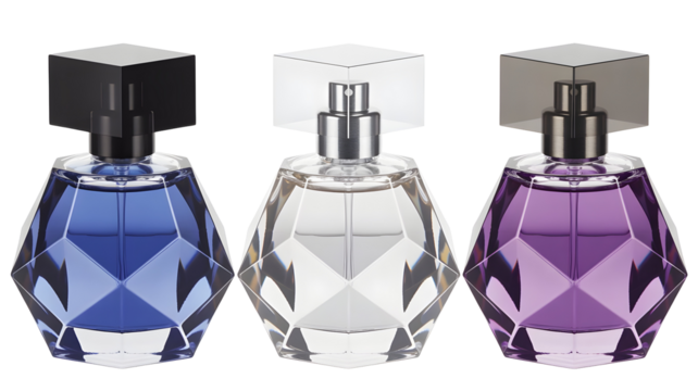 Set of three luxury faceted glass perfume spray bottles in blue, clear, and purple colors, isolated on transparent background - Powered by Adobe
