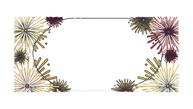 Vibrant celebratory fireworks bursts forming a festive decorative frame illustration on a white background, perfect for announcements and invitations
