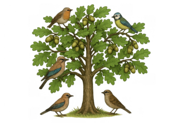 Oak tree with four different birds on its branches and base, featuring green leaves and numerous acorns. Transparent background