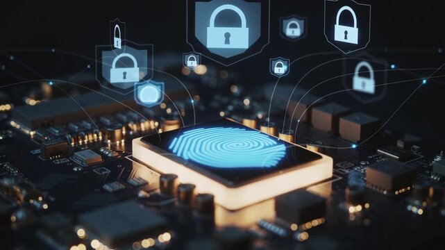 Digital security evolution: fingerprint authentication on circuit board with dynamic lock icons