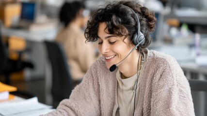Young Middle-Eastern woman with curly hair wearing a headset, smiling while working at a computer in a modern office environment. A colleague is visible in the background.