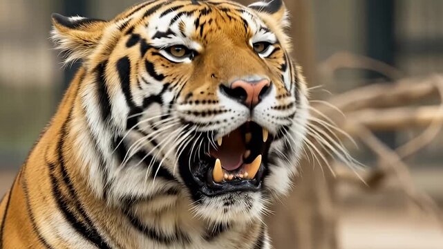 A majestic big cat is captured in a striking close-up as its powerful jaws open wide, revealing sharp fangs, impressive teeth, and a pink tongue. The intricate pattern of black and orange stripes, alo