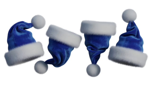 Group of luxurious blue velvet christmas santa hats with white fur pompoms floating in air, isolated on transparent background - Powered by Adobe