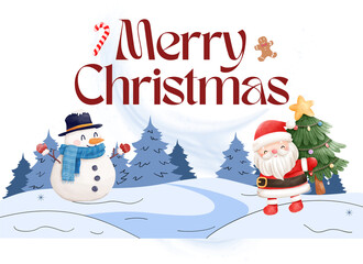 Handdrawn Watercolor Merry Christmas Landscape with Santa and Snowman Illustration