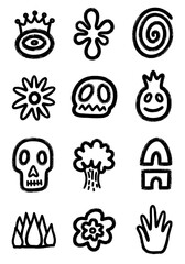 Abstract primitive tribal symbols set, featuring rough ink doodles of skulls, crowns, spiral shapes, nature elements, and hand-drawn signs