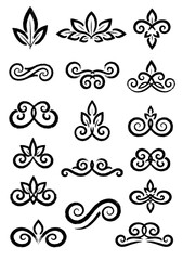 Rough brush stroke set of decorative dividers and vintage ornamental flourishes, grunge ink texture border elements and botanical scrolls