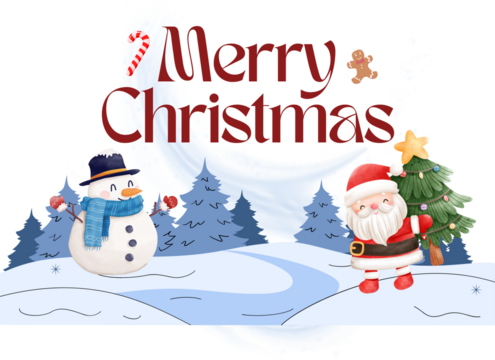 Handdrawn Watercolor Merry Christmas Landscape with Santa and Snowman Illustration - Powered by Adobe