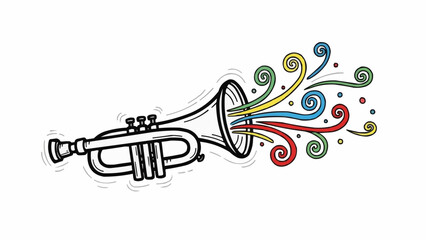 Hand drawn trumpet doodle with colorful musical notes and swirls.