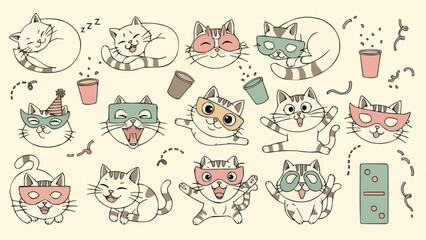 Set of cute hand drawn cartoon cats celebrating a party.
