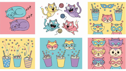 Cartoon Cats and Drinks - Playful Illustrations for Creative Projects.