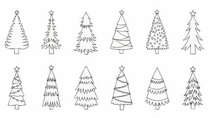 Collection of various hand drawn Christmas tree outline sketches.
