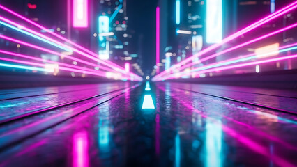 Dynamic Cyberpunk city street background with abstract neon pink and blue light speed trails visualization