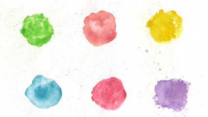 Colorful watercolor splashes set with vibrant green, pink, yellow, blue and purple abstract dots on white