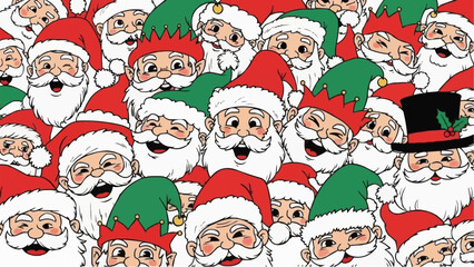 A cheerful crowd of Santa Clauses and elves celebrating Christmas.