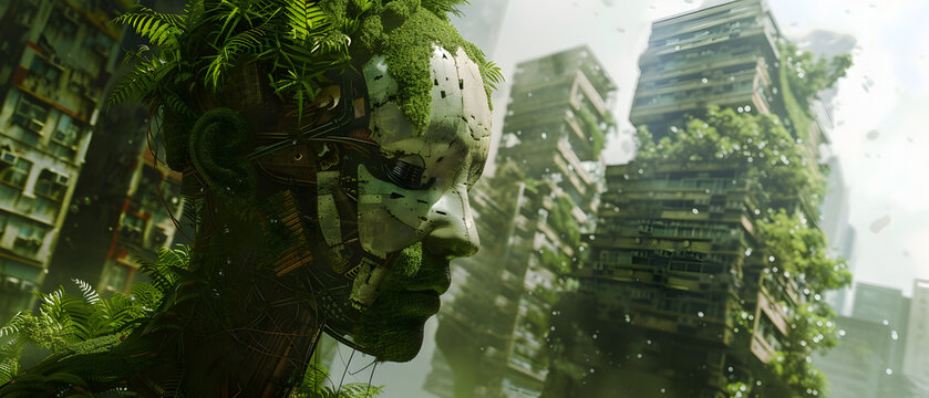 Futuristic android with human features in a lush urban jungle setting - Powered by Adobe