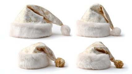 Luxury Gold Santa Hat Set. Four different views of a sparkling metallic Christmas cap with thick white faux fur trim and pom-pom, isolated on clean white background.