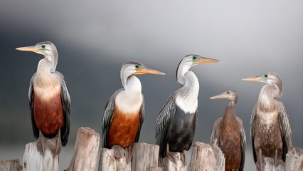 Row of australasian darter birds perching on wooden fence - minimalist wildlife background with copy space