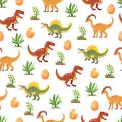 Dinosaurs seamless pattern. Flat vector clipart, illustration with isolated background. © Universe Mary
