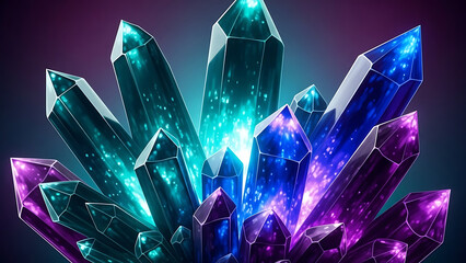 Futuristic abstract cluster of vibrant glowing neon crystals shimmering with purple blue and cyan light.