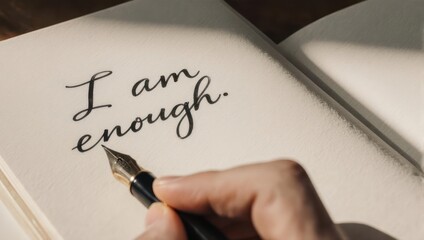 Person writing I am enough with a fountain pen in a notebook, symbolizing self-worth and positive affirmation.