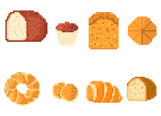 Pixel Bread and Bakery Set. 8-Bit Food Icons Collection Vector