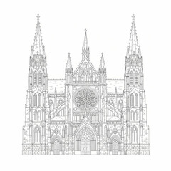 Detailed line drawing of Gothic cathedral with spires and rose window  