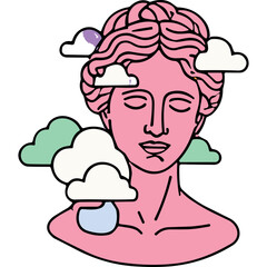 Obraz premium Pink Sculpture Bust Of A Woman With Eyes Closed Surrounded By Clouds And A Bird In A Dreamlike Scene