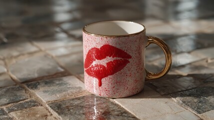 A stylish mug adorned with a bold lipstick mark highlights a vibrant splash of color against a textured tabletop, evoking feelings of romance, charm, and artistry in everyday objects.