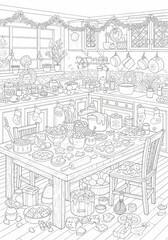 Fototapeta premium Kitchen filled with holiday decorations and clutter in black and white 