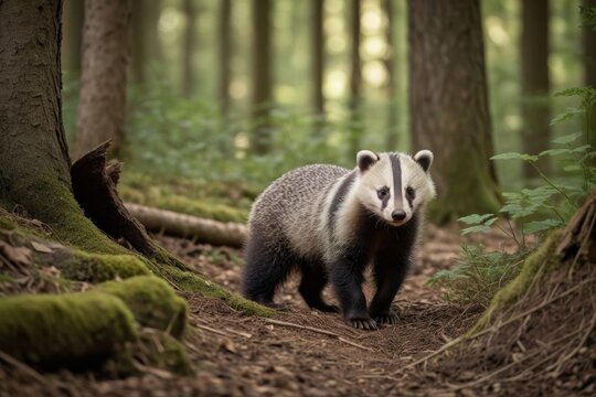 Dachs geht durch den Wald auf einem Waldboden mit B&auml;umen im Hintergrund