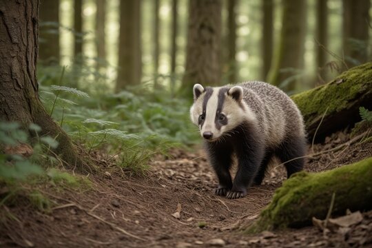 Dachs geht durch den Wald auf einem Waldboden mit B&auml;umen im Hintergrund