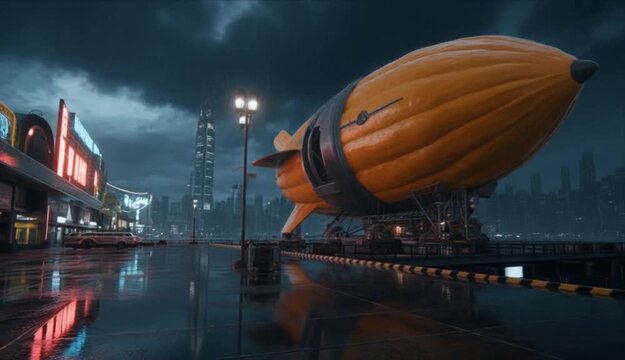 Cinematic Render of a Retro Futuristic Airship on a Rainy Dock with City Skyline