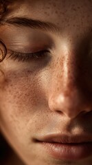 Fototapeta premium Close-up of a Womans Face with Freckles in Soft Light.