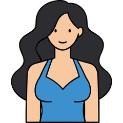 Portrait of a Woman with Wavy Black Hair Wearing a Blue Sleeveless Top Against a Black Background Simple Clean Style