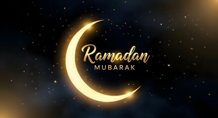 Golden crescent moon and Ramadan Kareem text with glowing light and stars on dark background, elegant Islamic greeting card for Ramadan celebration