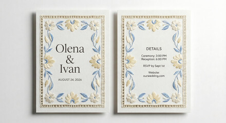 Fototapeta premium Elegant wedding invitation card featuring a beautiful, soft embroidered border of blue and pale yellow floral and leaf motifs. Charming, handmade-style design for rustic, garden, or folk events.