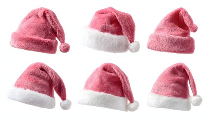 Six various pink Santa hats in different angles, plush and fluffy textile material, perfect for modern festive holiday greeting cards, isolated on white.