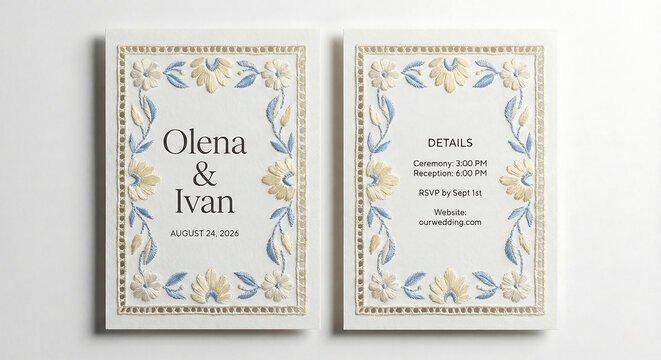 Elegant wedding invitation card featuring a beautiful, soft embroidered border of blue and pale yellow floral and leaf motifs. Charming, handmade-style design for rustic, garden, or folk events.