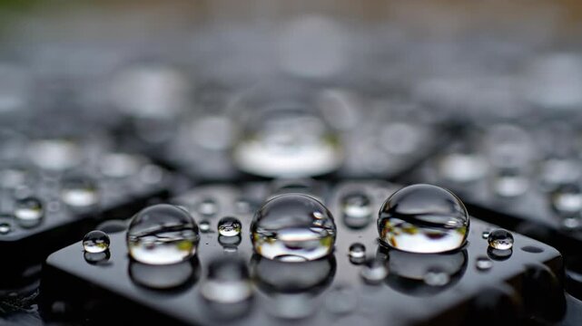 Extreme close-up rack focus macro shot of crystal dew drops on a perfectly clean geometric smooth reflective surface changing sharpness clarity, focus, detailed