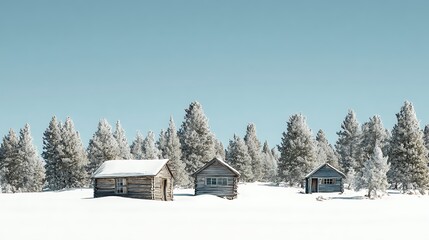Rustic wooden cabins in a snowy mountains